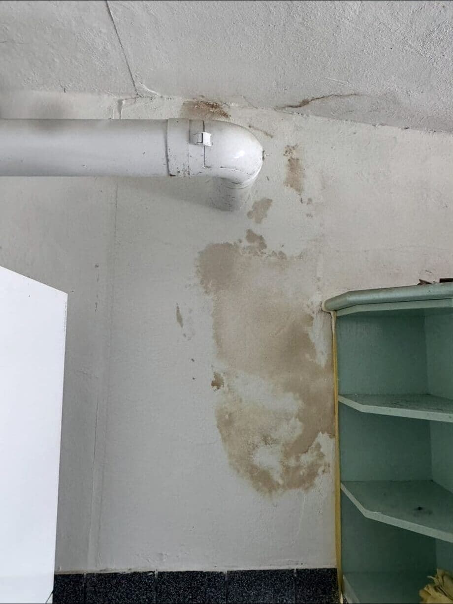 Kellerwand mit deutlichen Feuchtespuren vor der Sanierung