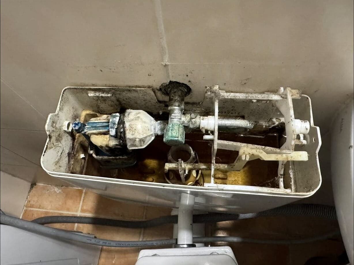 Geöffneter Spülkasten vor dem Austausch: verkalkte und korrodierte Technik