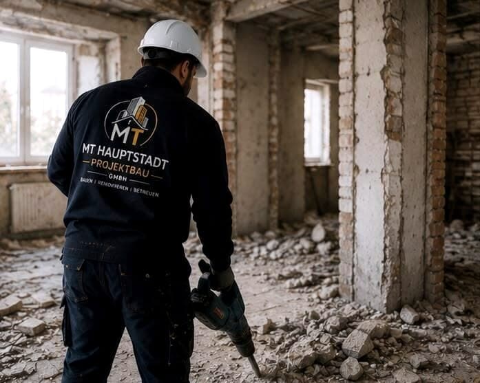 Demolition work with a breaker in a stripped interior