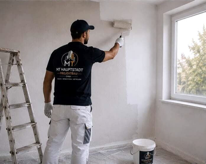 Painting work: a wall being freshly rolled