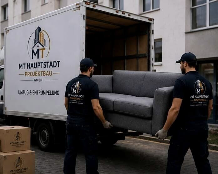 Moving crew carrying a sofa to the company truck